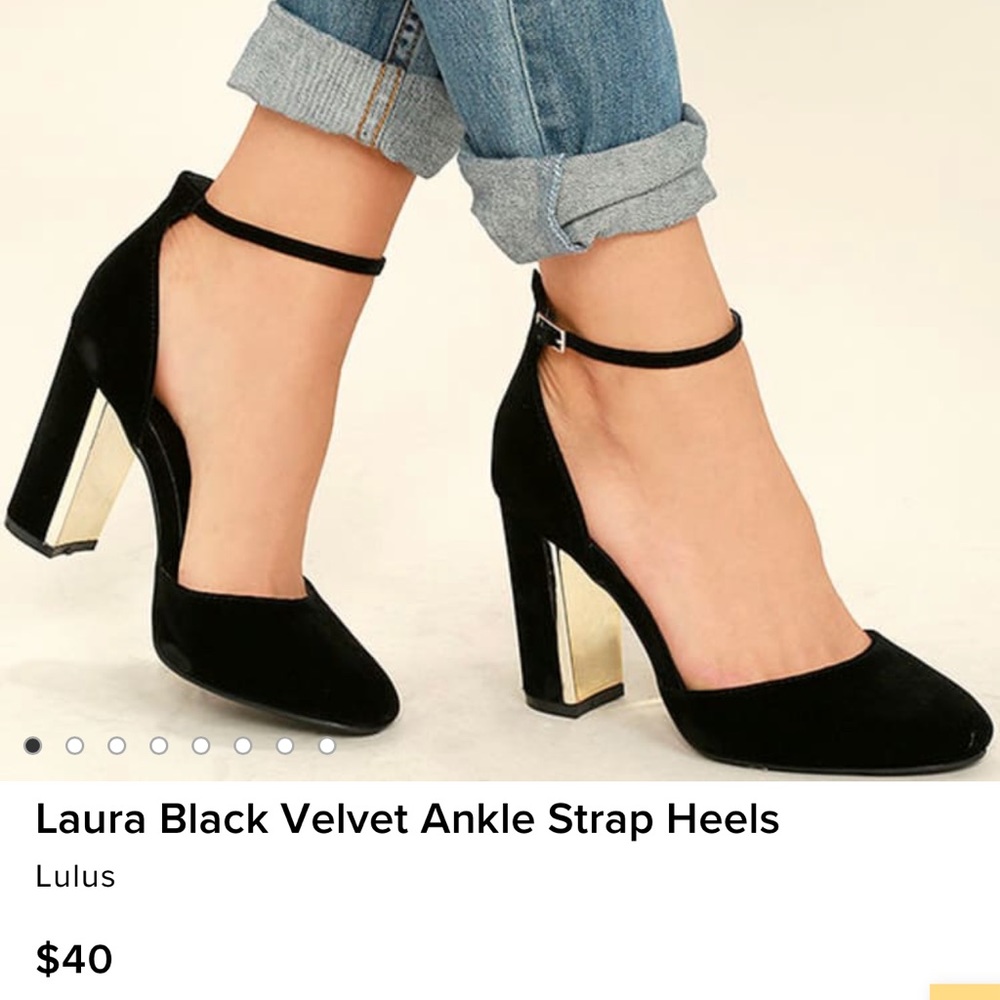 Lulus Laura Black Velvet Ankle Strap Heels, size 7.5